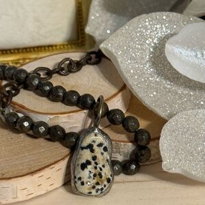 Artisan Dalmatian stone Pendant Necklace Handcrafted Pyrite Chain